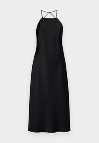 Black satin maxi dress with a halter neckline and crisscross back straps, featuring a smooth texture and minimalist design.
