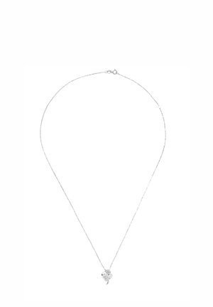 Silberne Halskette mit einer zarten Kette, ausgestattet mit einem Kleeblatt-Anhänger, der mit kleinen Steinen verziert ist und ein elegantes, minimalistisches Design betont.