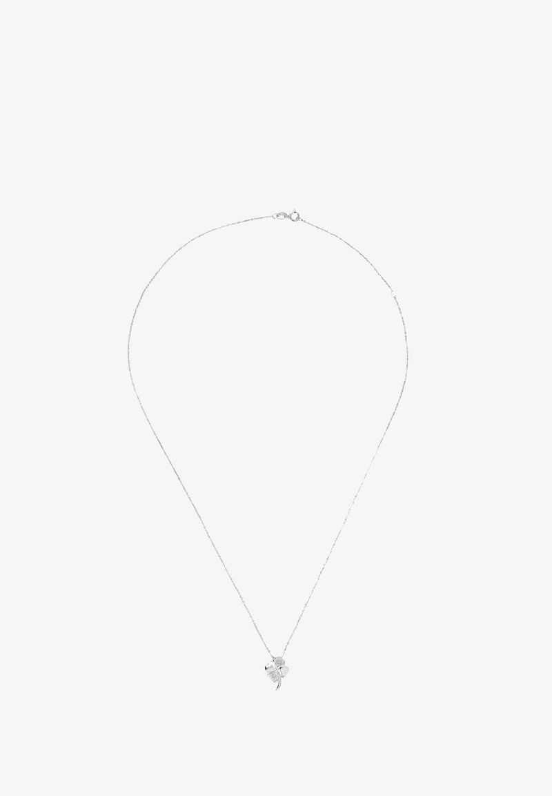 Hõbedane kaelakee, millel on peen ahel, ning millel on ristikheina ripats, mis on kaunistatud väikeste kividega, rõhutades stiilset ja minimalistlikku disaini.