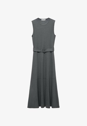 Šedé šaty bez rukávů s přiléhavým korzetem a rozšířenou sukní. Obsahují odpovídající pásek v pase, vyrobený z měkkého materiálu.