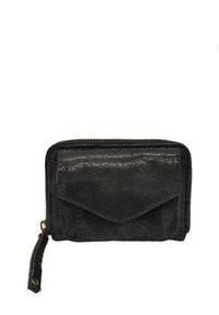 Portefeuille en cuir noir avec une finition texturée, fermeture éclair et une poche à rabat à l'avant. Comprend une petite tirette de fermeture éclair pour un accès facile.