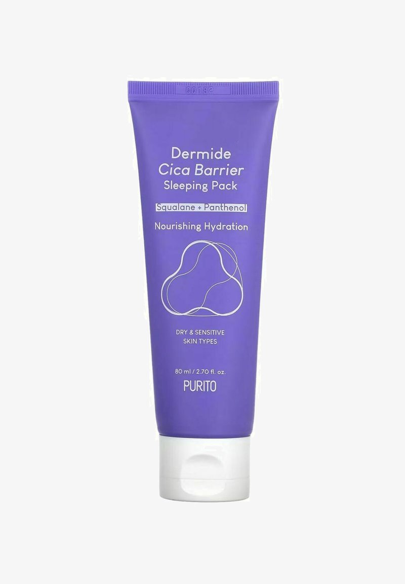 Tube violet de Purito Dermide Cica Barrier Sleeping Pack pour peau sèche et sensible, contenant du squalane et du panthénol, 80 ml.