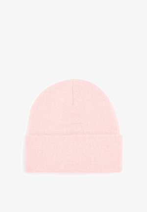 Pink beanie hat made from soft, textured knit material. Features a folded cuff and a seamless top, providing warmth and comfort.