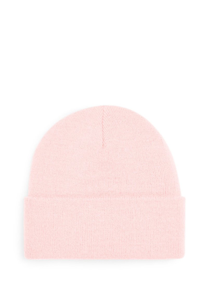 Pink beanie hat made from soft, textured knit material. Features a folded cuff and a seamless top, providing warmth and comfort.
