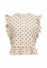 Blouse à pois de couleur rose clair avec des pois noirs, dotée d'un devant à boutons, de manches volantes et d'un ourlet évasé.
