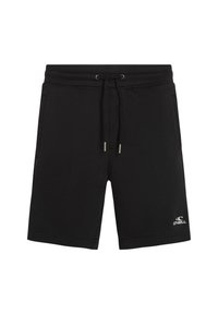 Black fleece shorts with an elastic waistband and drawstring. Features two side pockets and a white logo on the lower left leg.