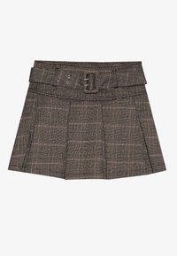 Plaid mini skirt in black, brown, and beige. Features a belted waist, pleats, and a textured fabric with a geometric pattern.