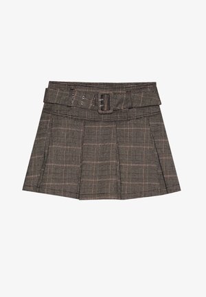Károvaná minisukně v černé, hnědé a béžové barvě. Má pás s opaskem, sklady a texturovanou tkaninu s geometrickým vzorem.