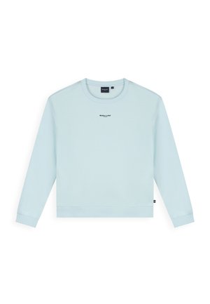 Lichtblauwe longsleeve trui met ronde hals, voorzien van geribbelde boorden aan mouwen en zoom, met kleine "BALLIN'" tekst gecentreerd op de borst.