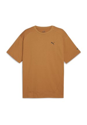Brown short-sleeve T-shirt made of soft fabric. Features a rounded neckline and a small black logo on the chest. Clean and simple design.