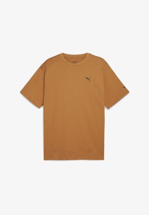 Brown short-sleeve T-shirt made of soft fabric. Features a rounded neckline and a small black logo on the chest. Clean and simple design.