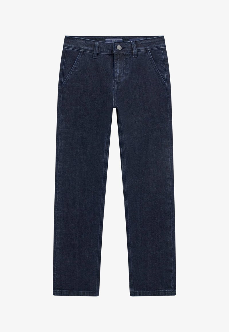 Mörkblå denimbyxor med rak passform, femfickorsdesign och knäppning i midjan. Slätt tyg.