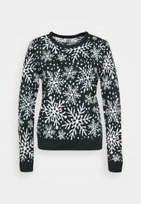 Maglione lavorato a maglia verde scuro con motivi di fiocchi di neve bianchi, scollo rotondo, maniche lunghe e orlo a costine.