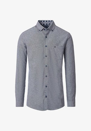 Langærmet skjorte i grå med et struktureret mønster, der har en brystlomme og navy knapper. Tjekket mønster er synligt indvendigt i kraven.