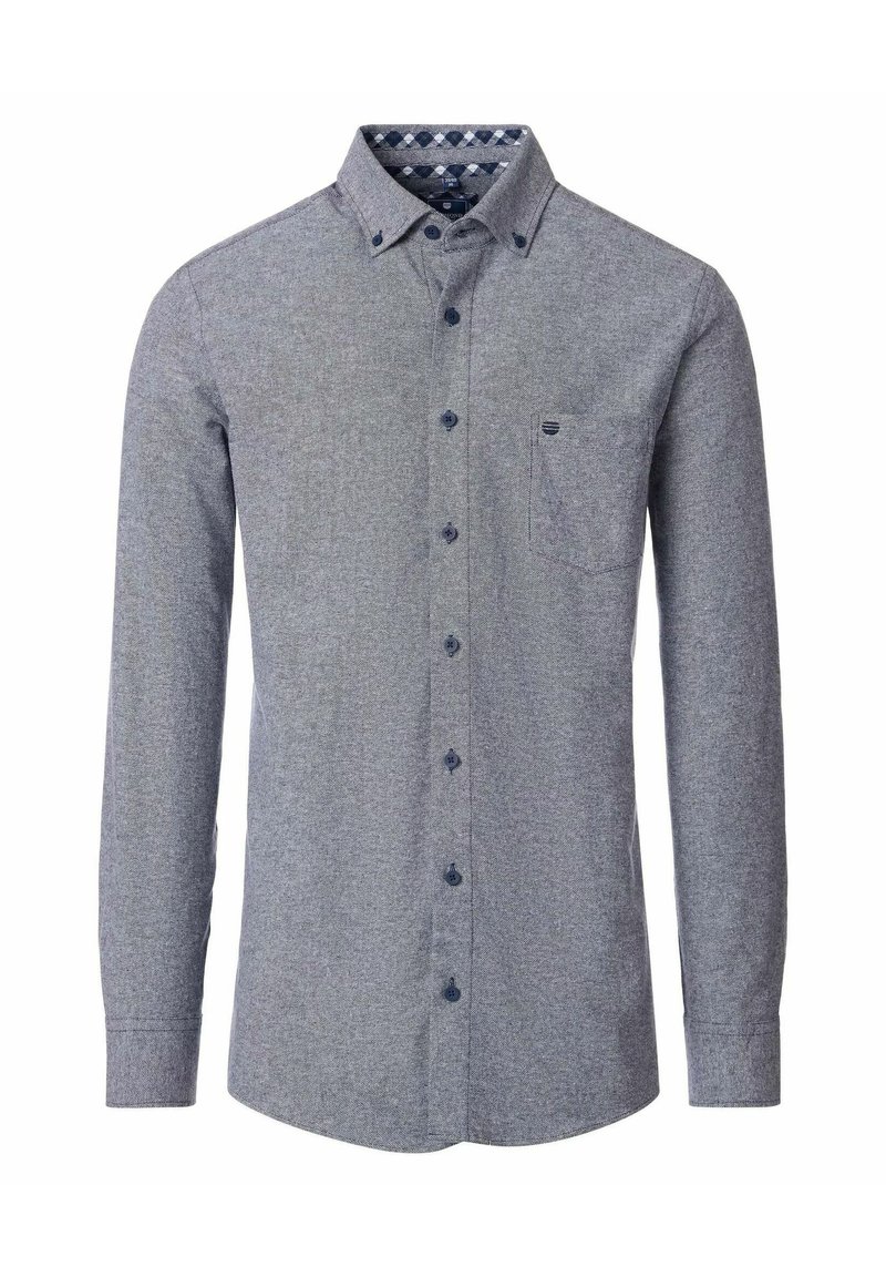 Koszula z długim rękawem zapinana na guziki w odcieniu szarym z fakturowanym wzorem, z kieszonką na piersi i granatowymi guzikami. Wzór w kratę widoczny wewnątrz kołnierzyka.