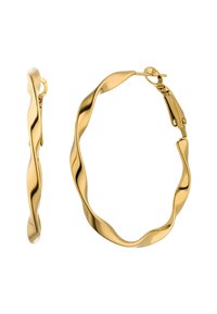 Goldfarbene, gedrehte Creolen mit einem wellenartigen Design, sicherem Verschluss und einer glatten, glänzenden Oberfläche.