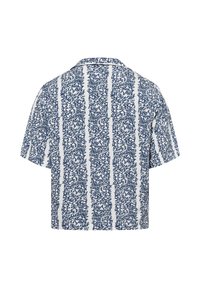 Korte mouwen overhemd van witte stof met een marineblauw koraalpatroon. Heeft een kraag, een relaxte pasvorm en een rechte zoom. De achteraanzicht toont het dessin over de hele achterkant.