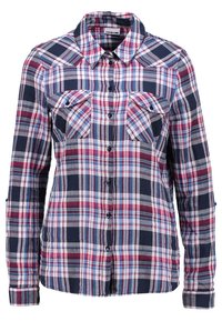 Långärmad rutad skjorta i marinblått, rött och vitt. Har knäppning fram, två bröstfickor och uppkavlade ärmar med knappflikar.