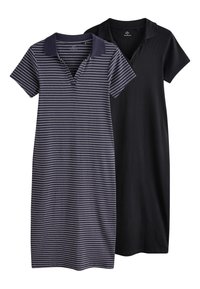 Two polo dresses: one navy with white stripes, and one solid black. Both feature a collar and short sleeves, made from a soft fabric.