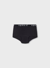Svarta bomullsunderkläder med en glatt textur, med en bred midjeband märkt med "name it" i vit lettering. Klassisk trosa design.