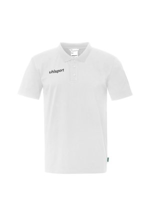 Polo blanc à manches courtes avec trois boutons et le logo "uhlsport" imprimé en noir sur le côté gauche de la poitrine.