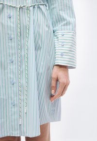 Ανοιχτό μπλε ριγέ πουκάμισο με πράσινες κάθετες γραμμές, μανσέτες με κουμπιά, κορδόνι στη μέση και χέρι που ακουμπάει στο πλάι.