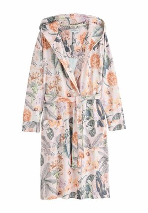 Robe à capuche rose clair avec des motifs floraux et de feuilles en orange, vert et violet, dotée d'une ceinture et de deux poches frontales.