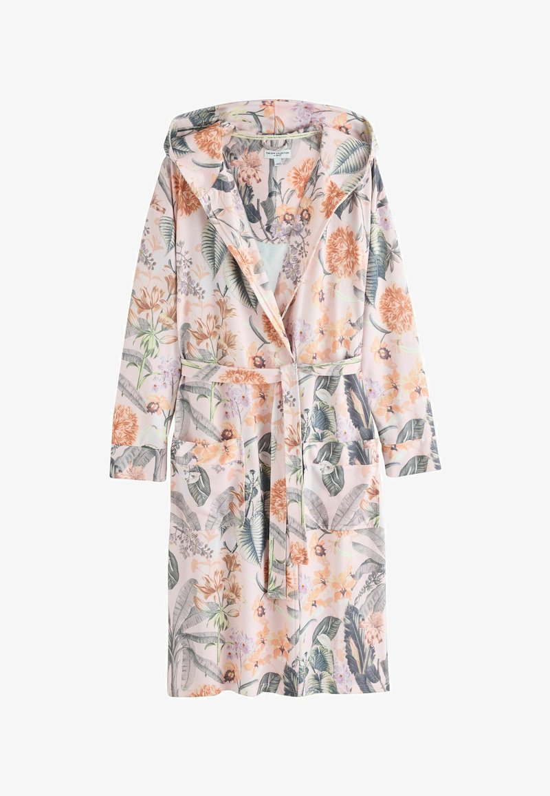 Hellrosa Kapuzenbademantel mit floralen und Blattmustern in Orange, Grün und Lila, ausgestattet mit einem Gürtel und zwei Vorderaschen.