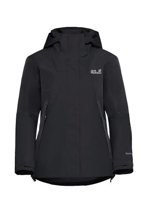 Veste d'extérieur noire au design épuré, en tissu texturé, avec capuche ajustable et zips latéraux ; logo sur la poitrine et la manche.