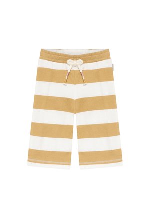 Short striped shorts in golden yellow and white, made of textured fabric, featuring an elastic waistband with a drawstring for adjustment.