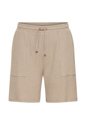 Μπεζ κοντό πλεκτό σορτς με υφή, ελαστική μέση, ρυθμιζόμενο κορδόνι και μπροστινές τσέπες με σχέδιο πατς.