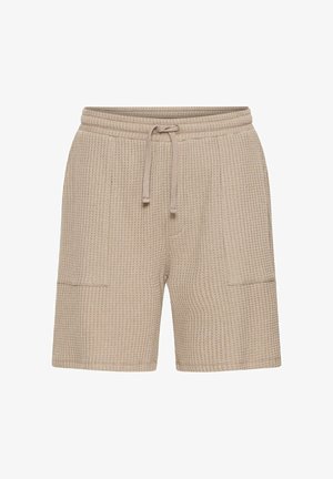 Μπεζ κοντό πλεκτό σορτς με υφή, ελαστική μέση, ρυθμιζόμενο κορδόνι και μπροστινές τσέπες με σχέδιο πατς.