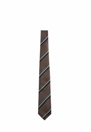 Brun slips med diagonale sorte, hvide og grå striber over et tekstureret mønster på en hvid baggrund.
