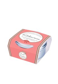 Deodorizing foot cream in a clear plastic container with a silver lid, encased in a pink box featuring white accents and text.