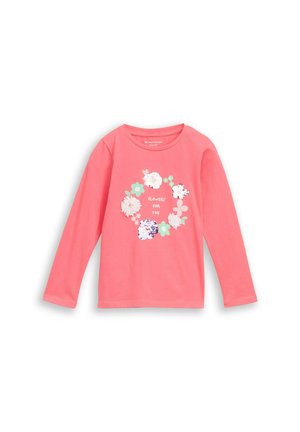 Dziecięca koszulka z długim rękawem w kolorze koralowego różu z kwiatowym wieńcem z cekinów i tekstem "Flowers for you" na przodzie.