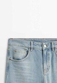 Light blue denim jeans with a smooth texture, five-pocket design, and a button closure at the waistband. Faint whiskering pattern visible.