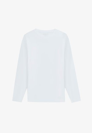 Biała koszulka z długim rękawem, wykonana z miękkiego materiału, z klasyczną okrągłą szyją i prostym krojem, bez widocznych wzorów ani akcentów.