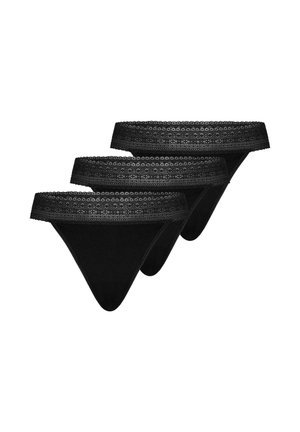 Three black lace-trimmed women's thong underwear stacked with the front side facing forward on a white background.