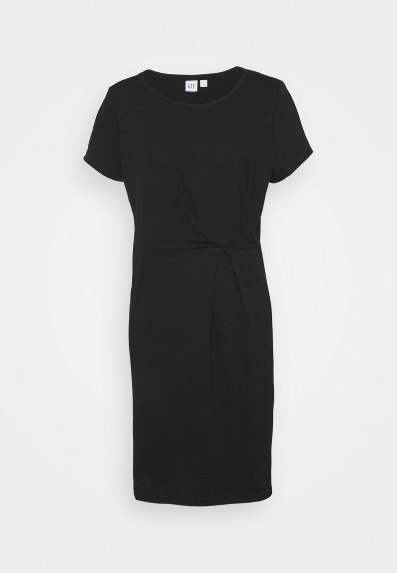 Schwarzes kurzärmeliges Kleid aus weichem Stoff, mit einem Knotendetail an der Taille und einem runden Ausschnitt. Schlichtes, figurnahes Design.