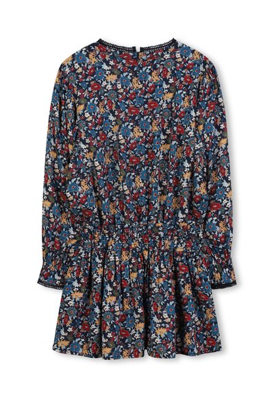 Robe fleurie avec des manches longues, fond marine, fleurs multicolores, taille smockée et dentelle au niveau du col et des poignets.