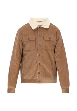 Barna kordbársony dzseki, krém színű gyapjú gallérral, elöl gombos záródással és két tépőzáras zsebbel a mellrészen, laza szabásban.