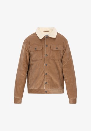 Braune Cordjacke mit einem cremefarbenen Sherpa-Kragen, vorderem Knopfverschluss und zwei aufgesetzten Taschen auf der Brust im lässigen Schnitt.