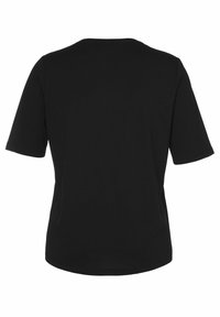 Schwarzes T-Shirt mit kurzen Ärmeln, runder Ausschnitt, aus weichem Stoff, glatte Textur, mit lässigem Schnitt und ohne sichtbare Muster oder Akzente.