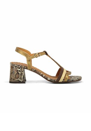 Open-toe sandaal met blokhak en zool in slangenhuiddessin, gouden enkelriem en bruine, crème en gouden voorste riempjes.