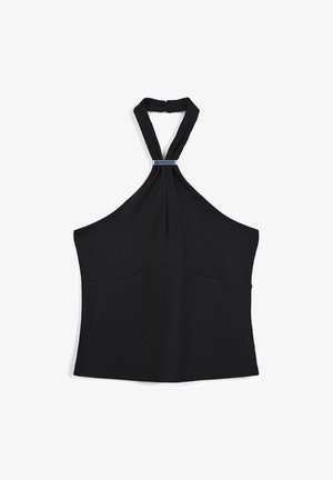 Top nero a halter in tessuto a coste, con una tracolla decorata da un accento in tonalità argento. Forma strutturata, senza maniche, colletto alto.