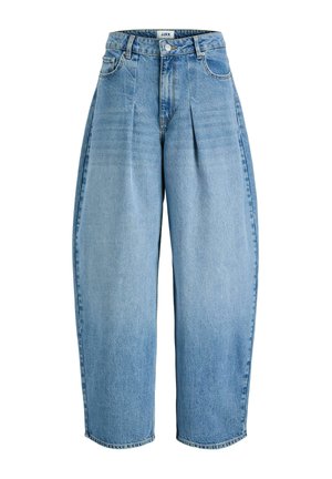Hellblaue Jeans mit hoher Taille und weitem Bein, vorne mit Falten, Knopf- und Reißverschluss, Gürtelschlaufen sowie seitlichen und hinteren Taschen.