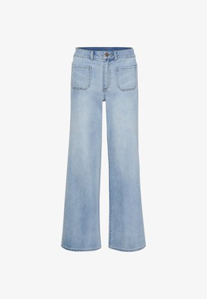 Light blue wide-leg jeans made of denim, featuring a high waist, five pockets, and a clean finish at the hem.