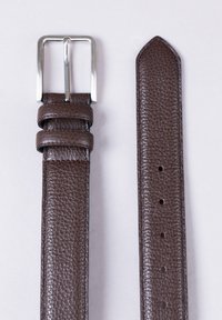 Brown leather belt with a textured finish, silver metal buckle, and adjustment holes along the strap. Features double leather loops for the buckle.