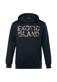 Felpa con cappuccio blu navy caratterizzata dal testo "EXOTIC ISLAND" con un motivo di foglie, tasca a marsupio frontale e polsini e orlo a coste.