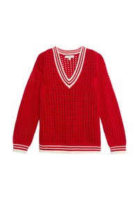 Roter Strickpullover mit V-Ausschnitt, offener Strickgestaltung, weißen Streifenakzenten am Ausschnitt und an den Bündchen sowie langen Ärmeln.